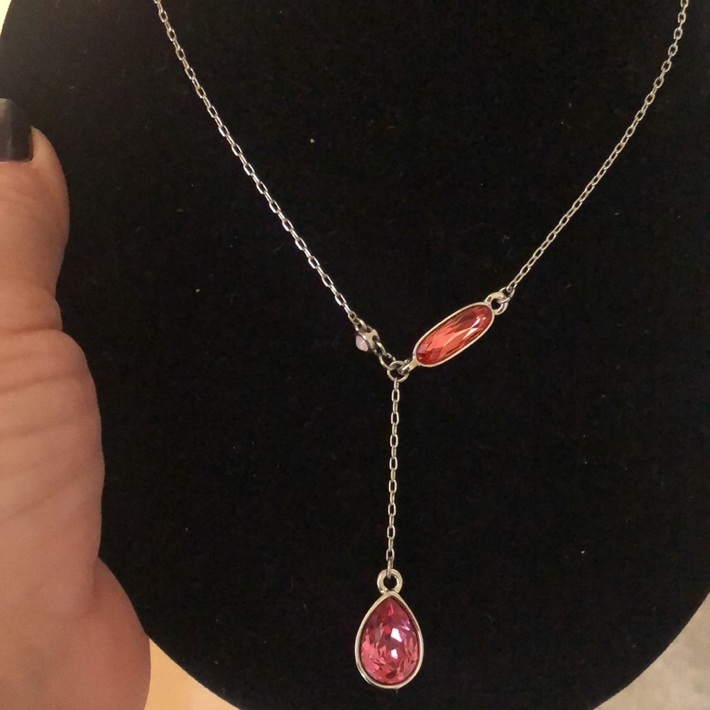 Pink Austrian Pear Cut Crystal Rhodium Necklacr